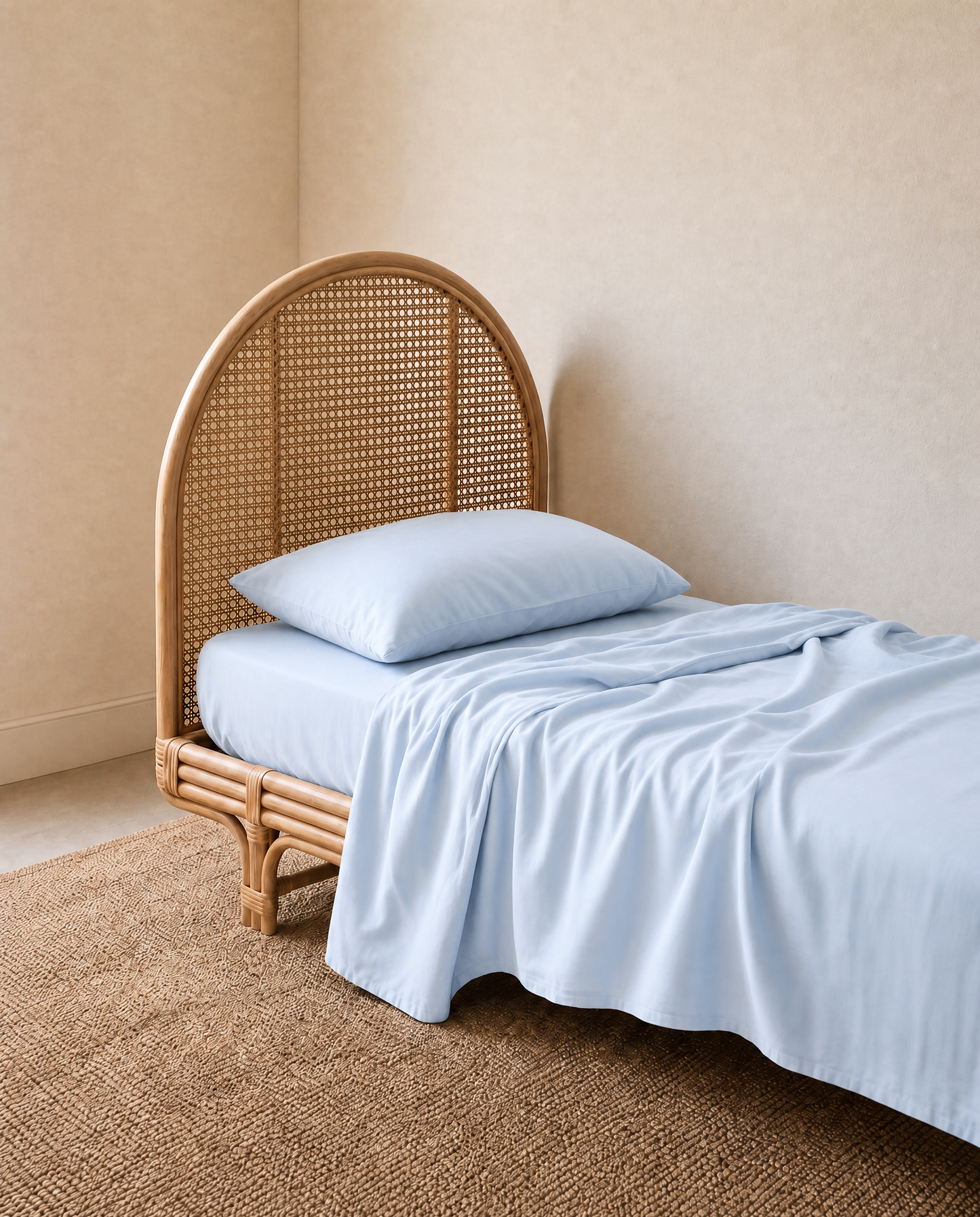 Light blue organic cotton flat sheet and bedding, including a fitted sheet and a matching pillow in a kids bedroom