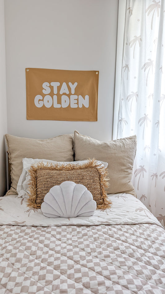 Fun kids wall banner featuring beachy, coastal fun words. Canvas banners feature matching interior design organic cotton sheets and kids bedding | The Cuddle Collective