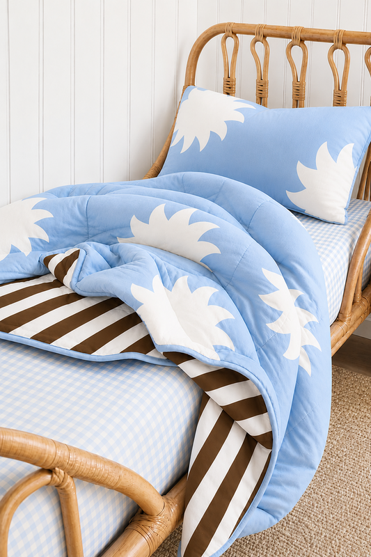 Blue sun and brown stripe kids bedding