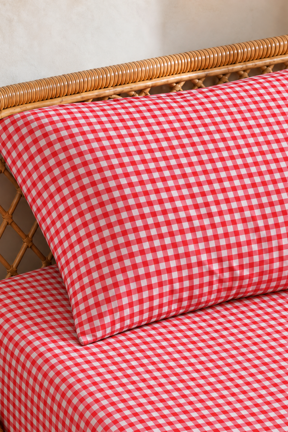 A strawberry red gingham fitted sheet