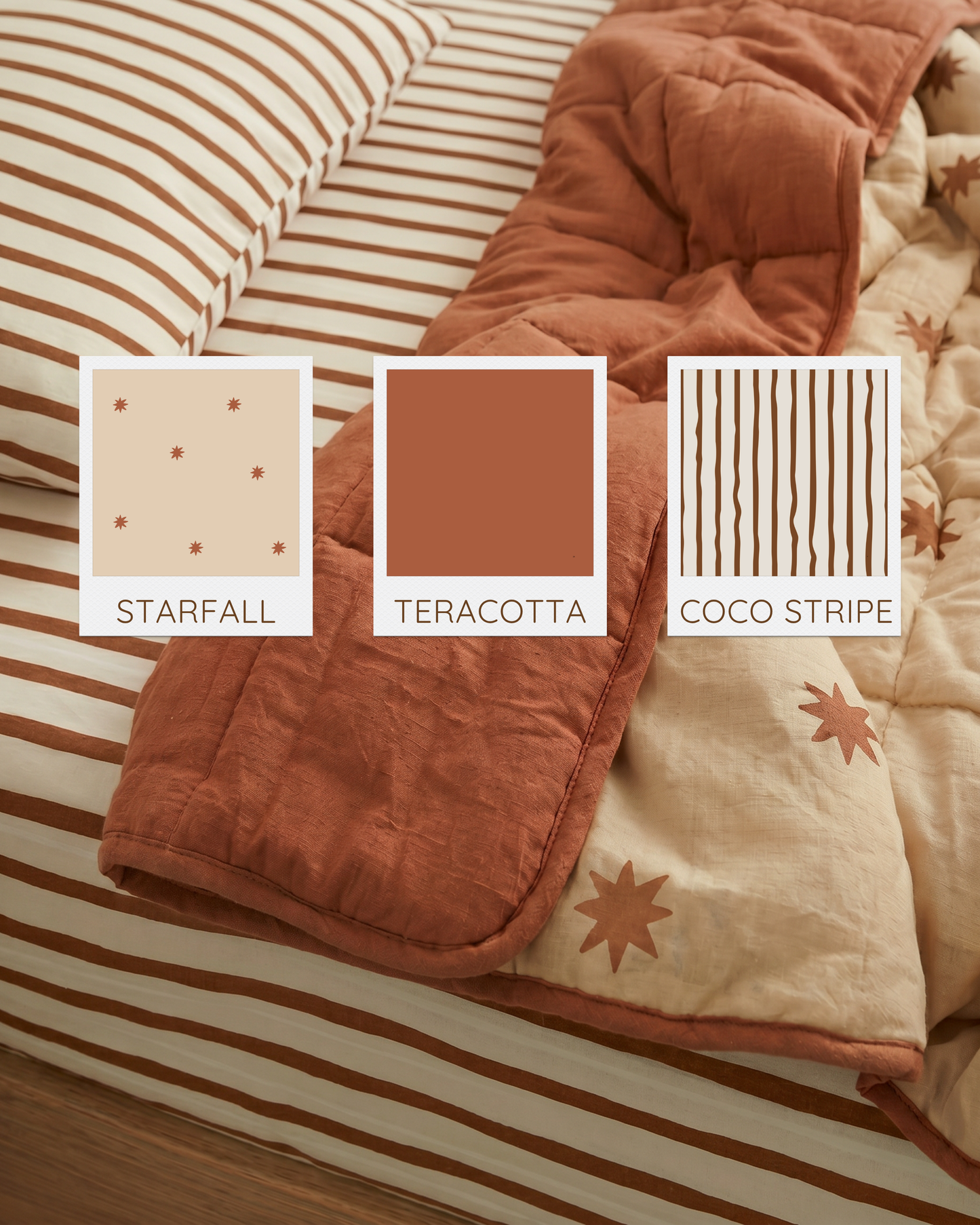 starfall reversible quilt and coco stripe sheet set paired together