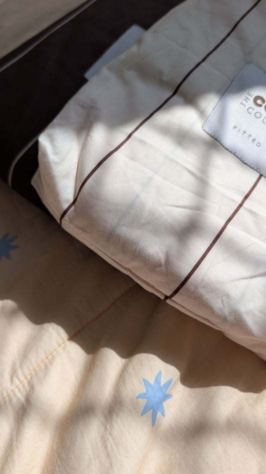 kids white stripe organic cotton bedding with chocolate stripe