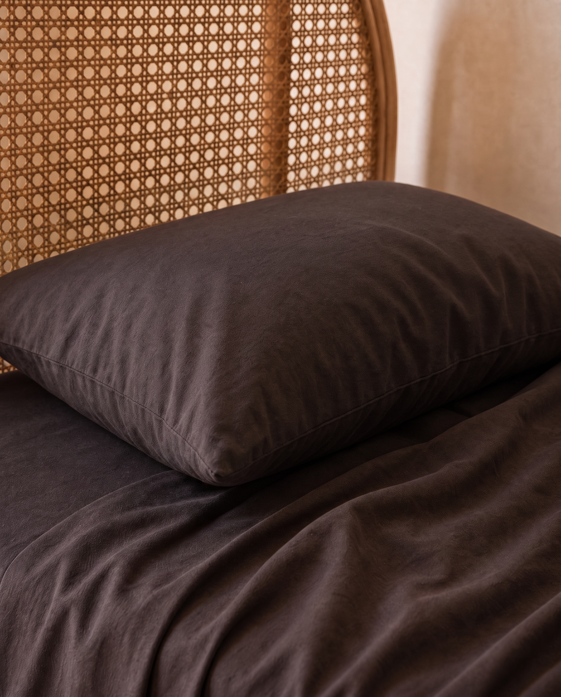 Dark brown cotton bedding set with a matching pillowcase, styled on a kids single bed
