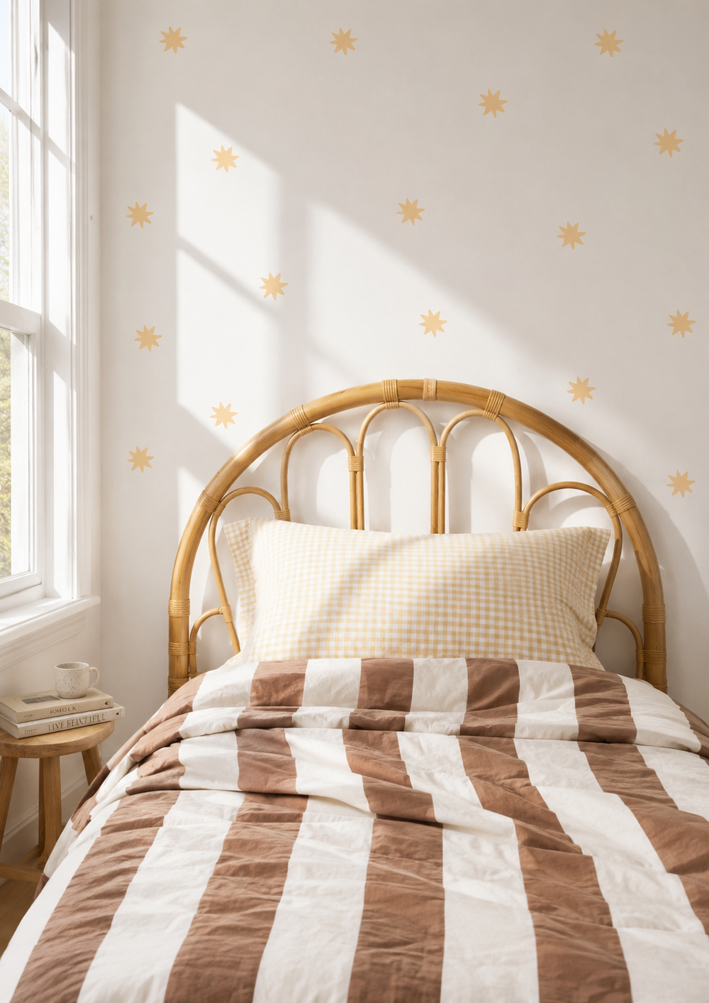 Fabric Wall Decal and fabric wall sticker in the shape of a butter yellow star. It is a high quality fabric wall sticker that won't damage walls.