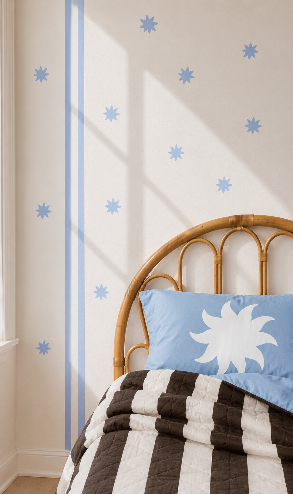 Blue Stripes fabric wall stickers on The Cuddle Collective organic cotton bedding 