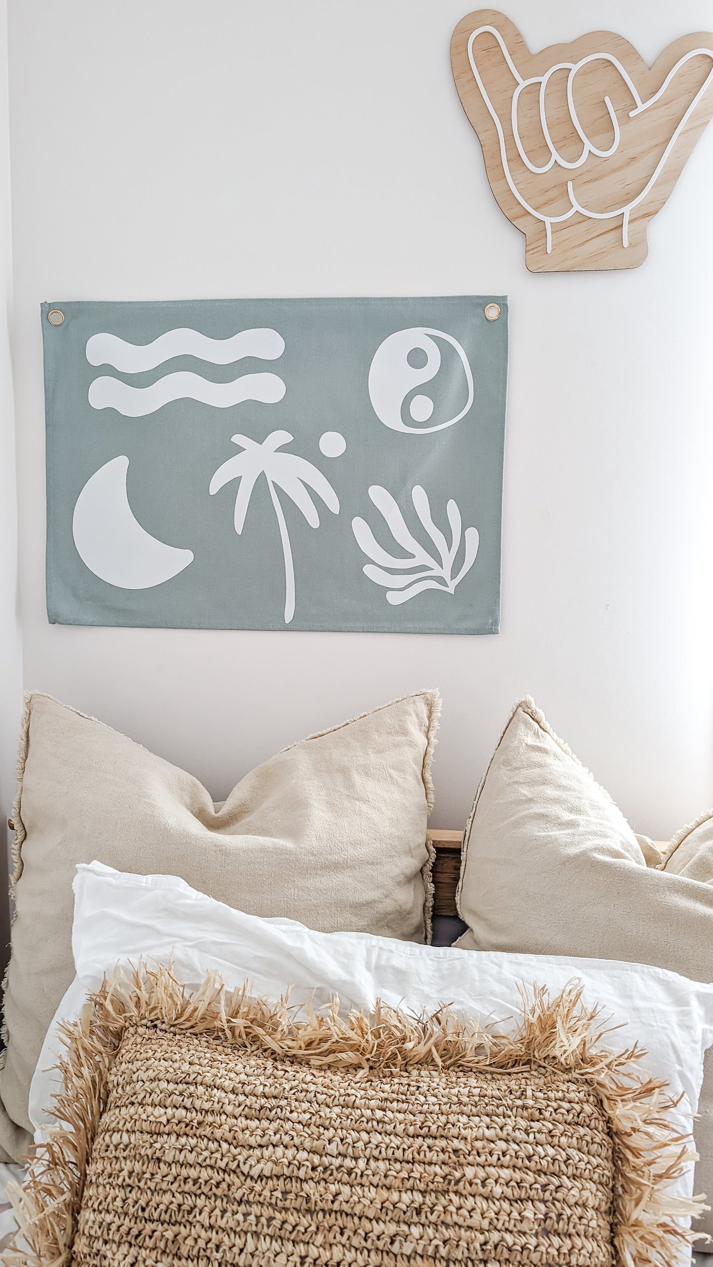 Fun kids wall banner featuring beachy, coastal fun words. Canvas banners feature matching interior design organic cotton sheets and kids bedding | The Cuddle Collective