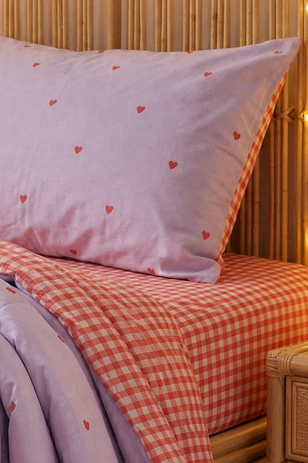 Love Bug Organic Cotton Kids Bedding, red gingham reversible quilt and sheets set