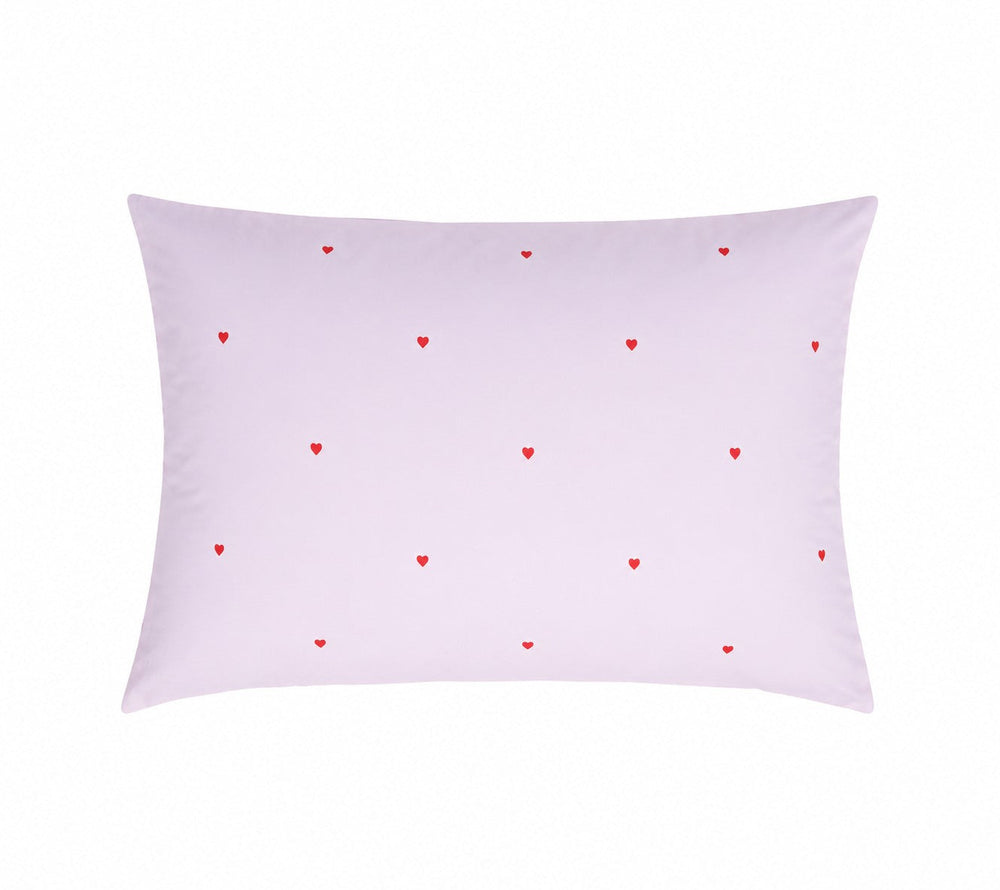 Organic cotton pillowcase lavender with red hearts