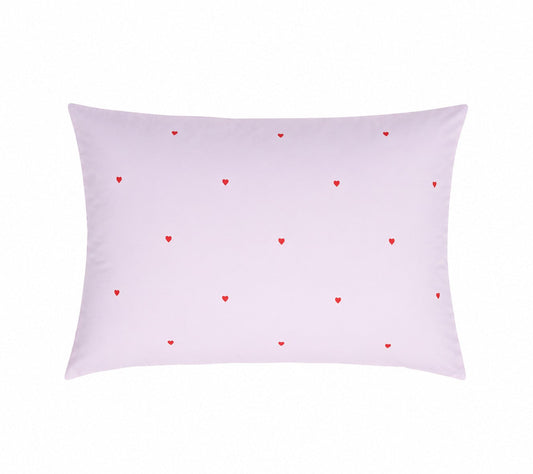 Organic cotton pillowcase lavender with red hearts
