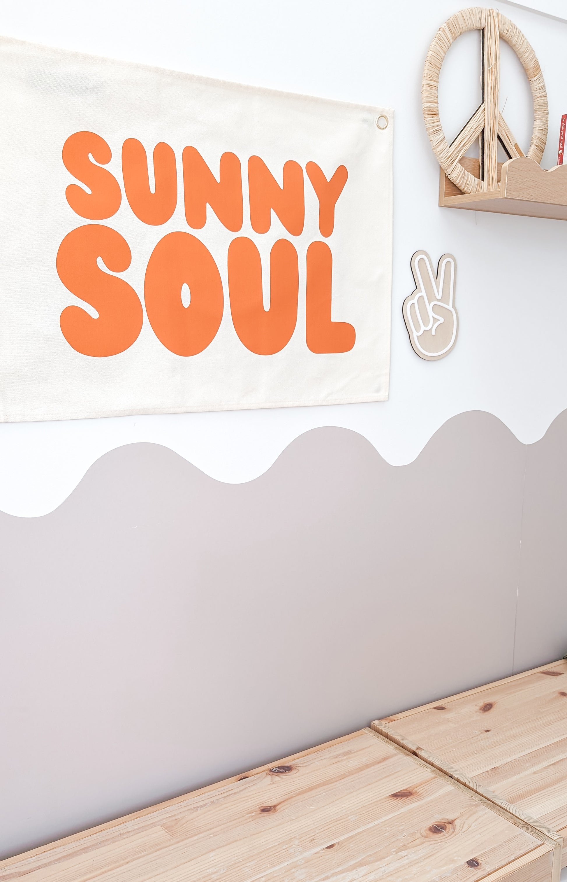 Fun kids wall banner featuring beachy, coastal fun words. Canvas banners feature matching interior design organic cotton sheets and kids bedding | The Cuddle Collective