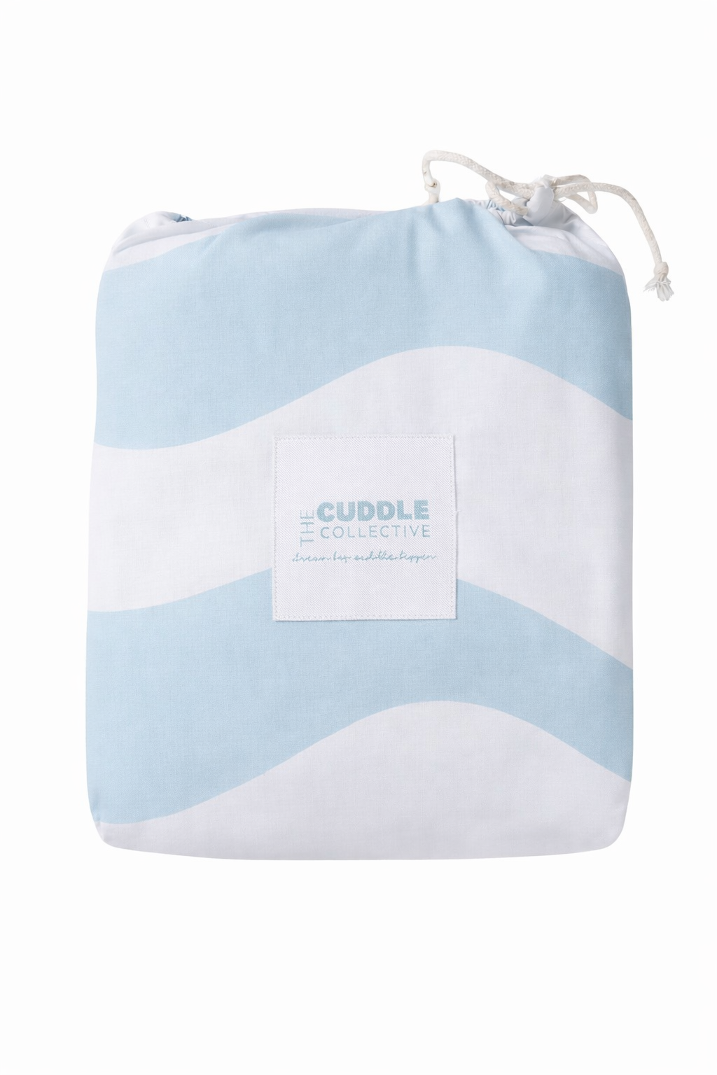 Light blue and white organic cotton fitted sheet with a shell with 'Cuddle Collective' label on a white background