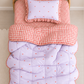Organic cotton Reversible quilt Love Bug, with red gingham and lavender hearts 