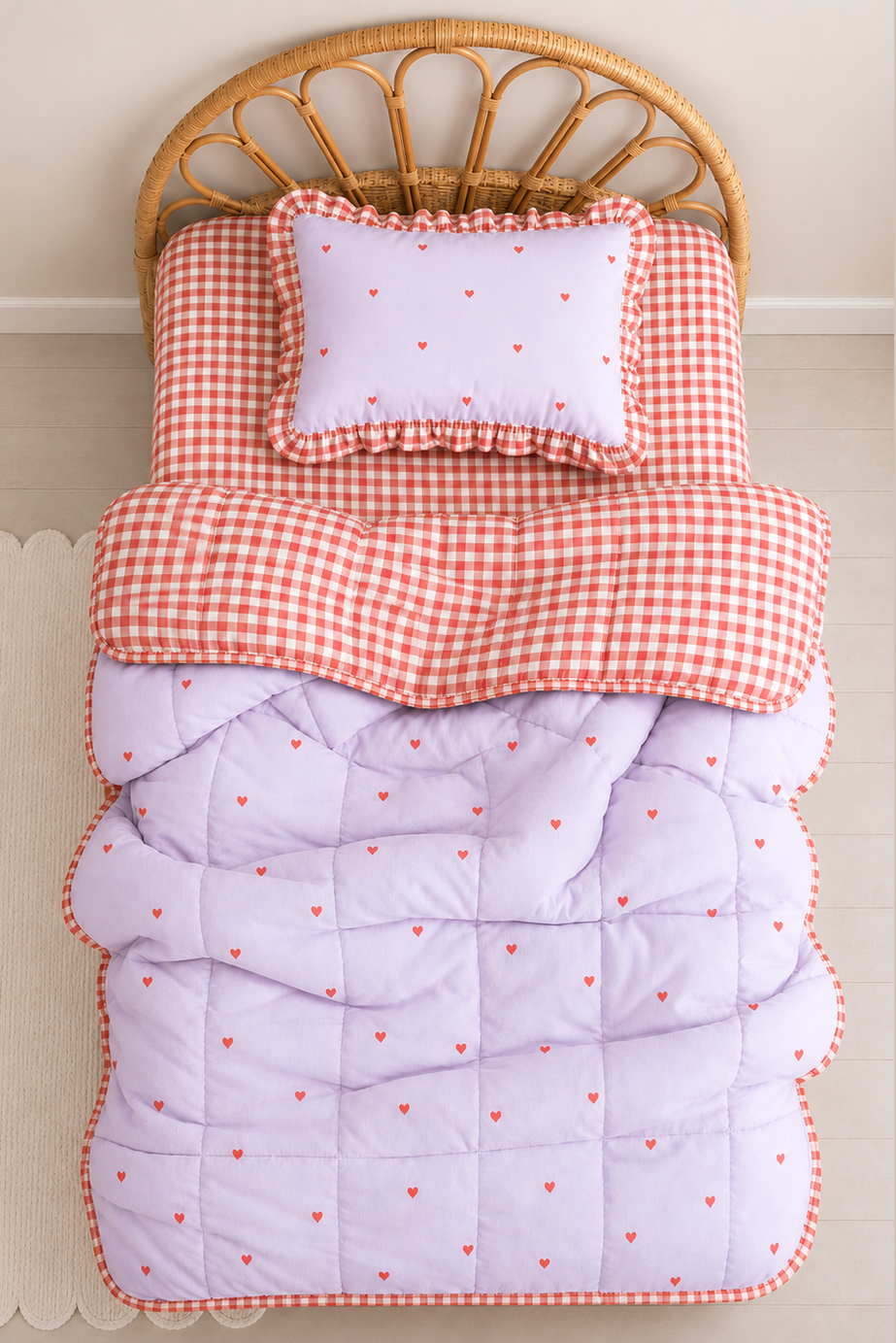 Organic cotton Reversible quilt Love Bug, with red gingham and lavender hearts 