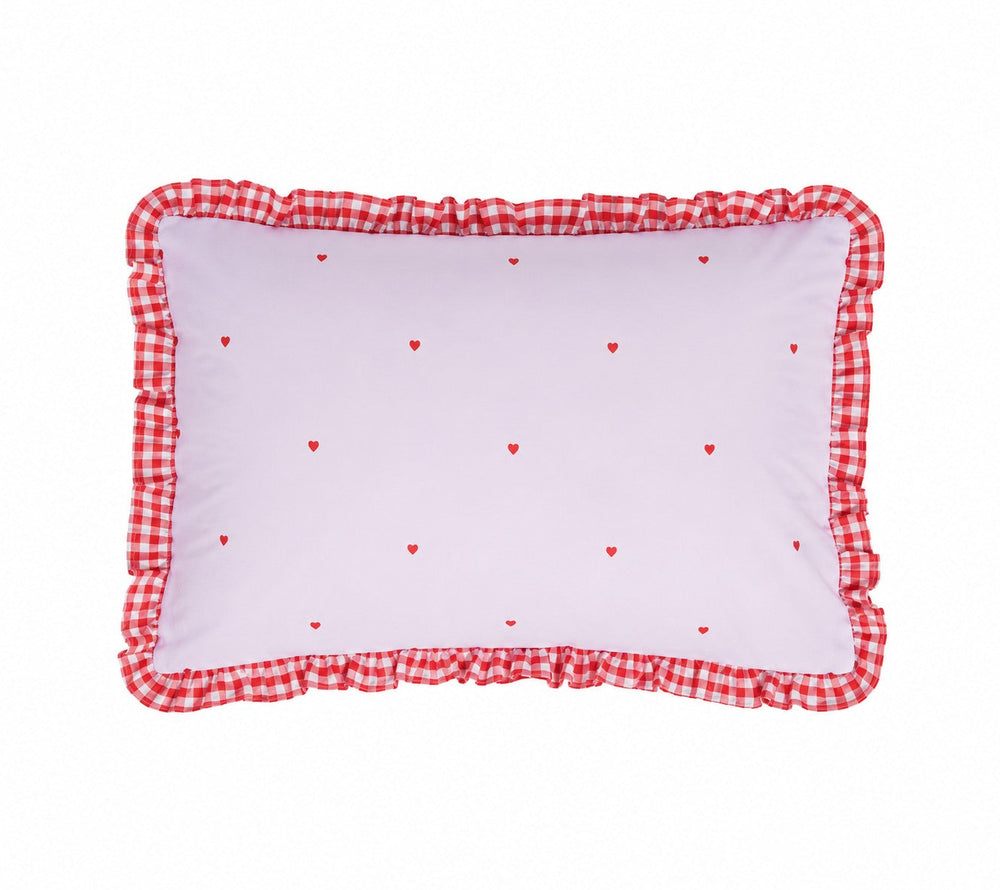A red gingham and lavender pillowcase with ruffle frill detail made of organic cotton for girls bedrooms