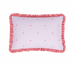 A red gingham and lavender pillowcase with ruffle frill detail made of organic cotton for girls bedrooms