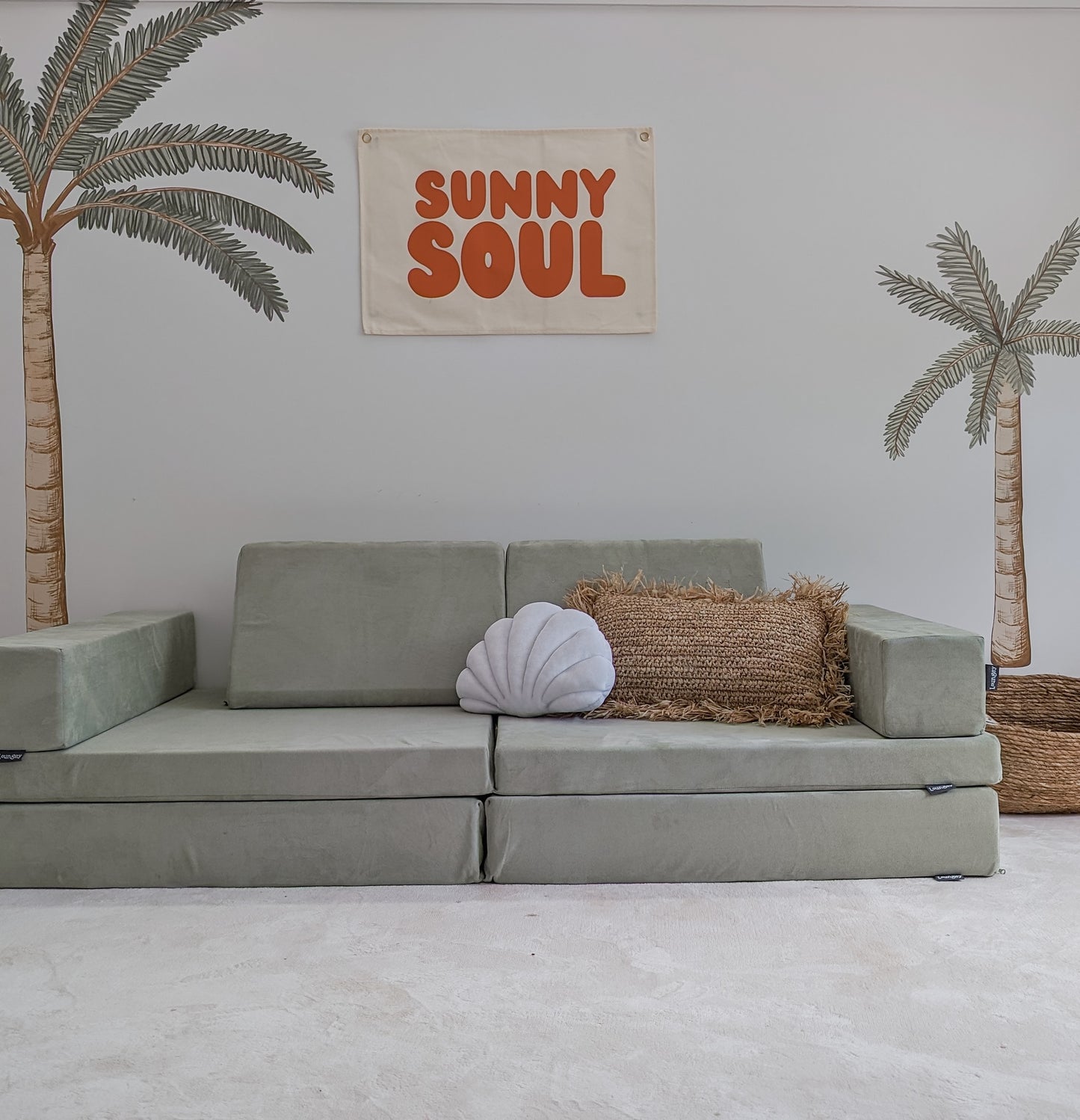 Fun kids wall banner featuring beachy, coastal fun words. Canvas banners feature matching interior design organic cotton sheets and kids bedding | The Cuddle Collective