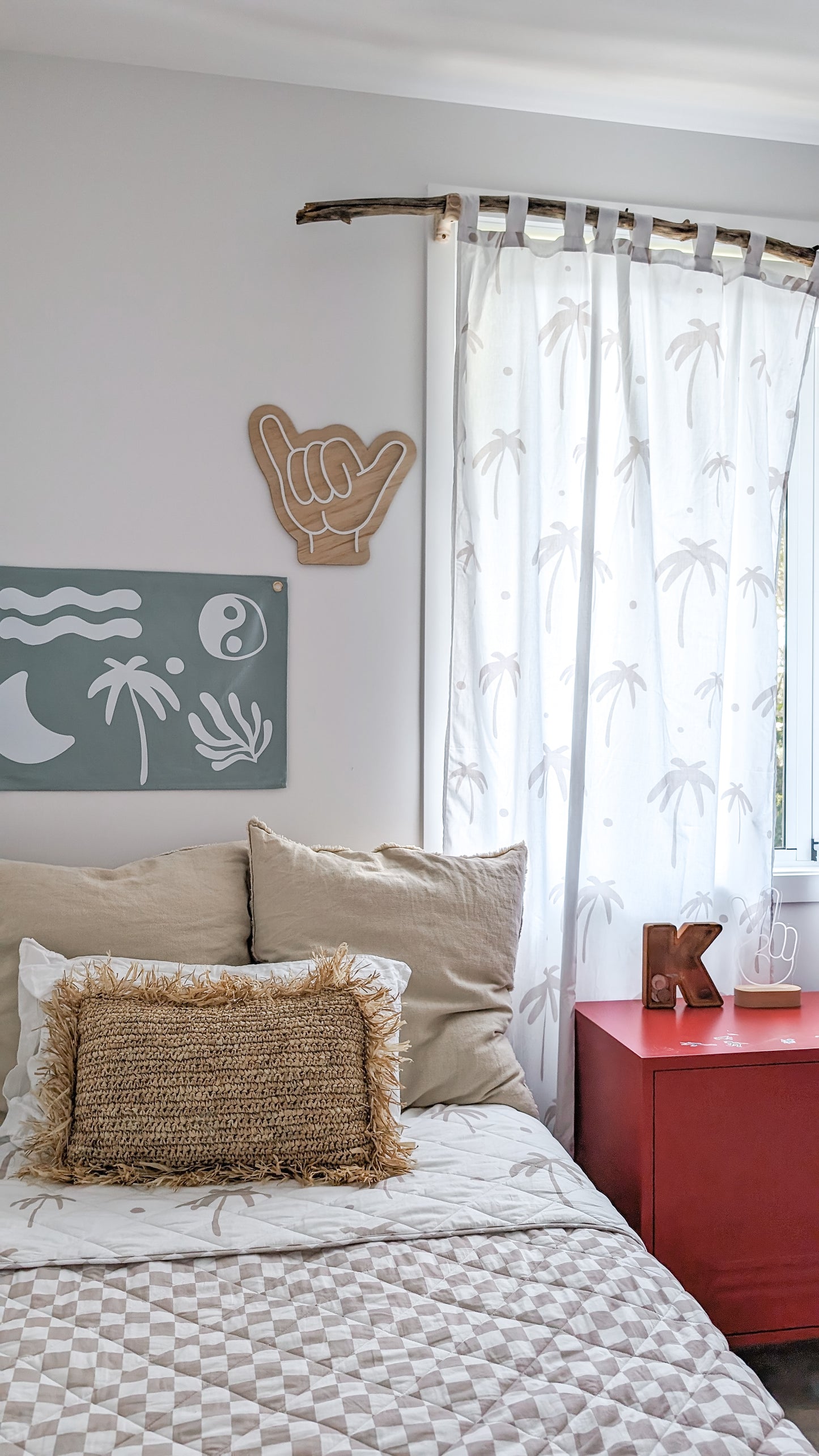 Fun kids wall banner featuring beachy, coastal fun words. Canvas banners feature matching interior design organic cotton sheets and kids bedding | The Cuddle Collective