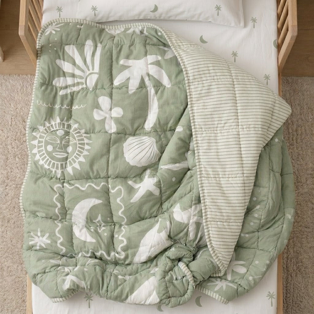 Sage single sheet set and reversible quilt 