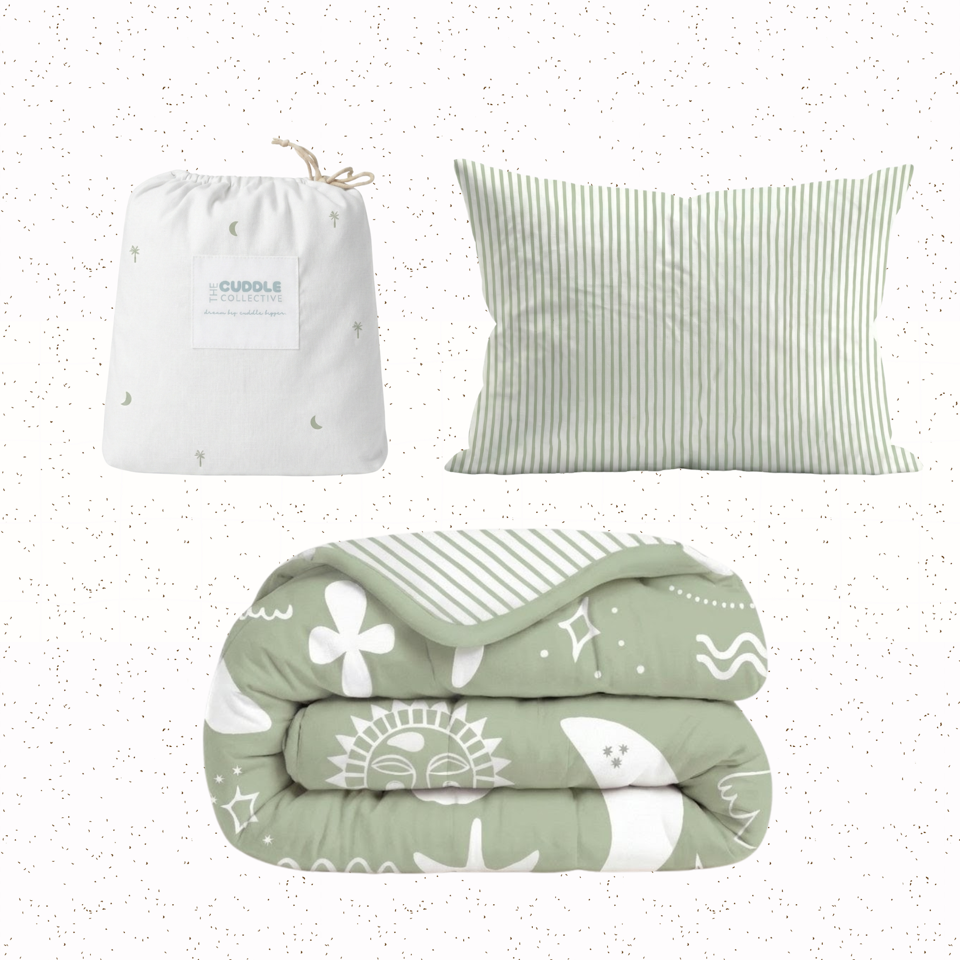 Organic cotton sage sun reversible quilt, single sheet and pillowcase 