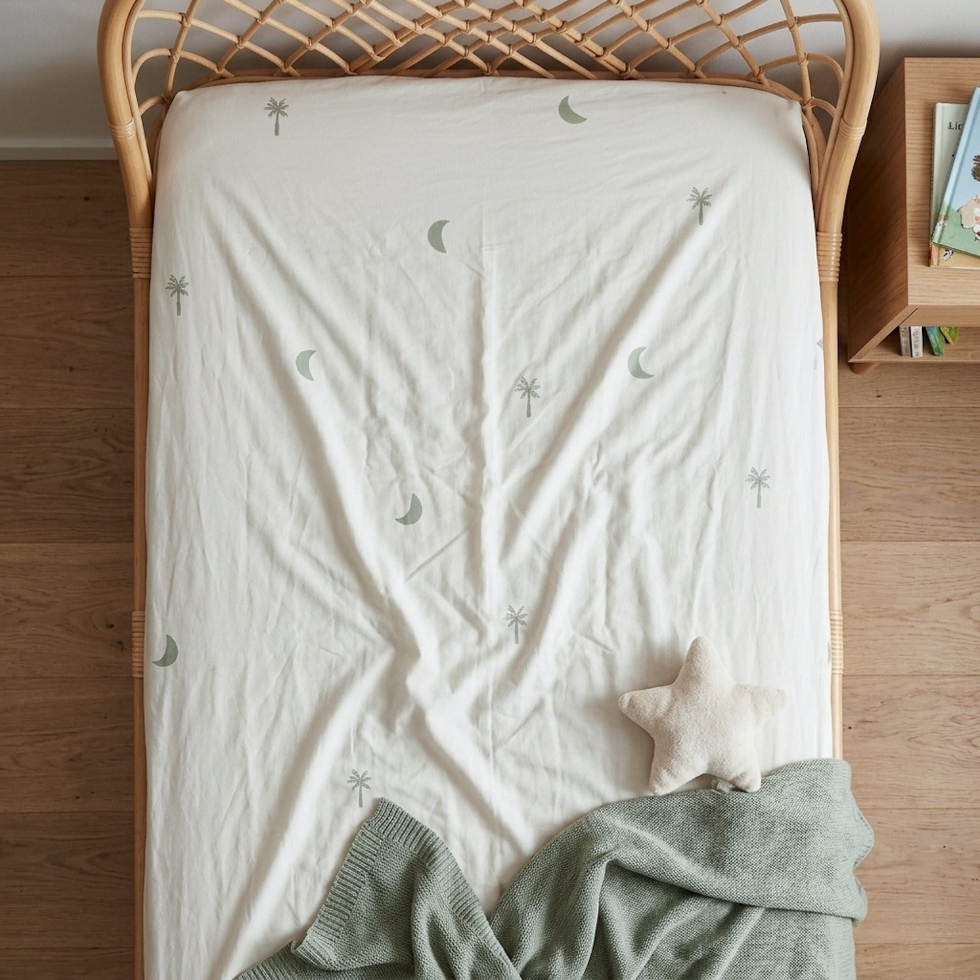 Sage Palm and moon organic cotton fitted sheet