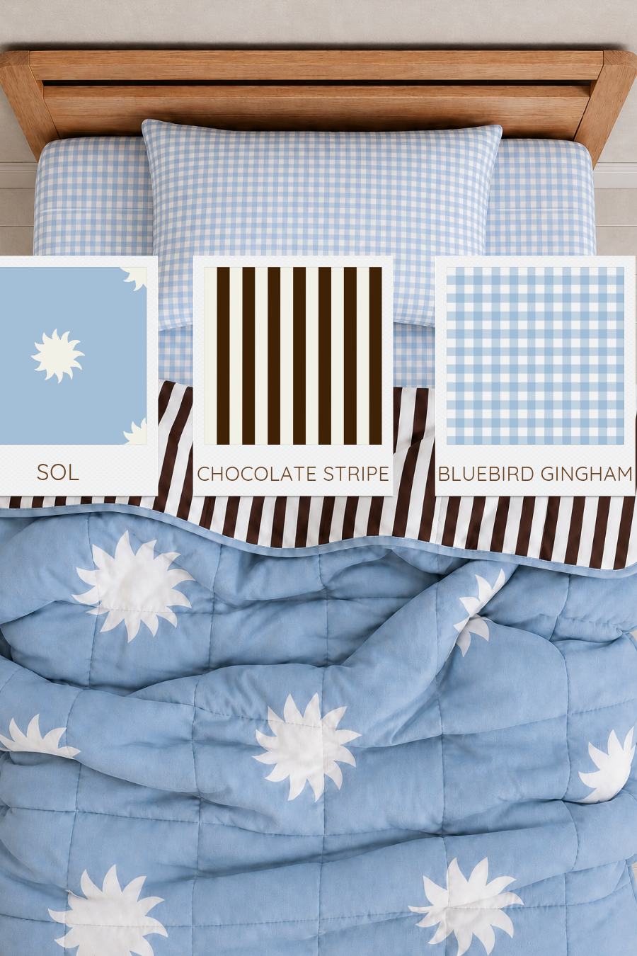 A blue star and chocolate stripe reversible quilt and blue gingham kids organic cotton bedding set for sale at The Cuddle Collective Australia