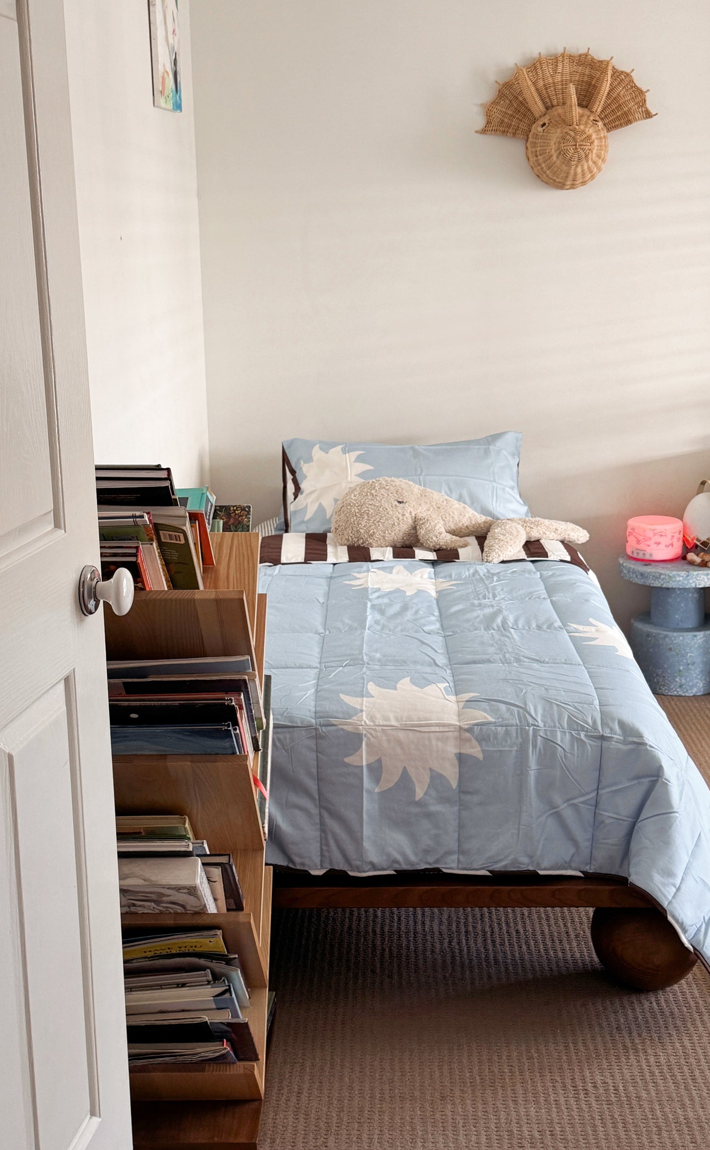 Blue Sun and brown stripe reversible 100% cotton quilt for kids