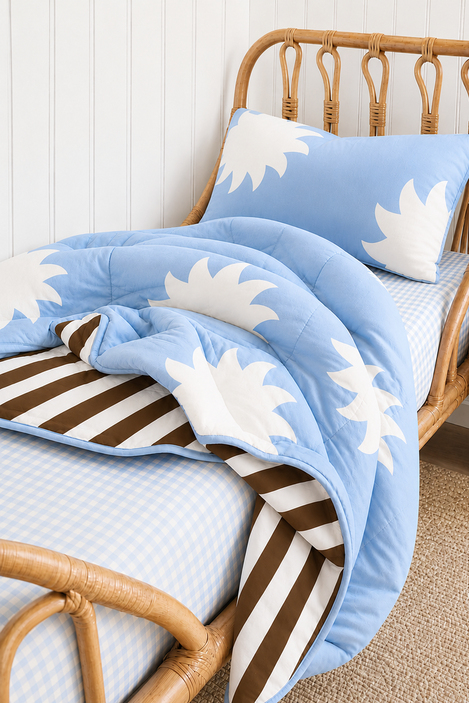 Blue sun and brown stripe kids bedding