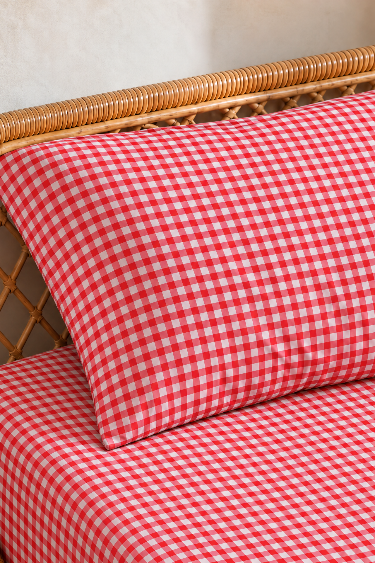 A strawberry red gingham fitted sheet