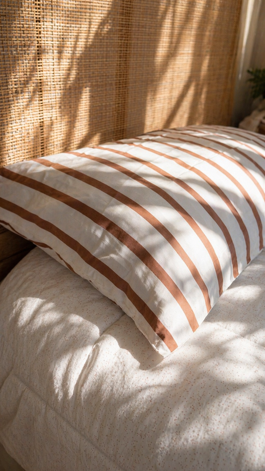 Close-up of Coco Stripe organic cotton fabric with soft woven stripes