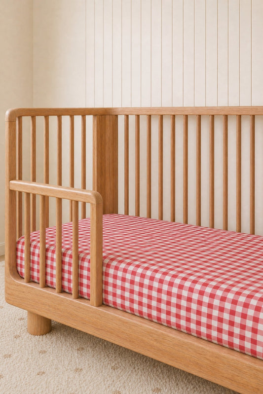 Red gingham cot sheet organic cotton kids sheets