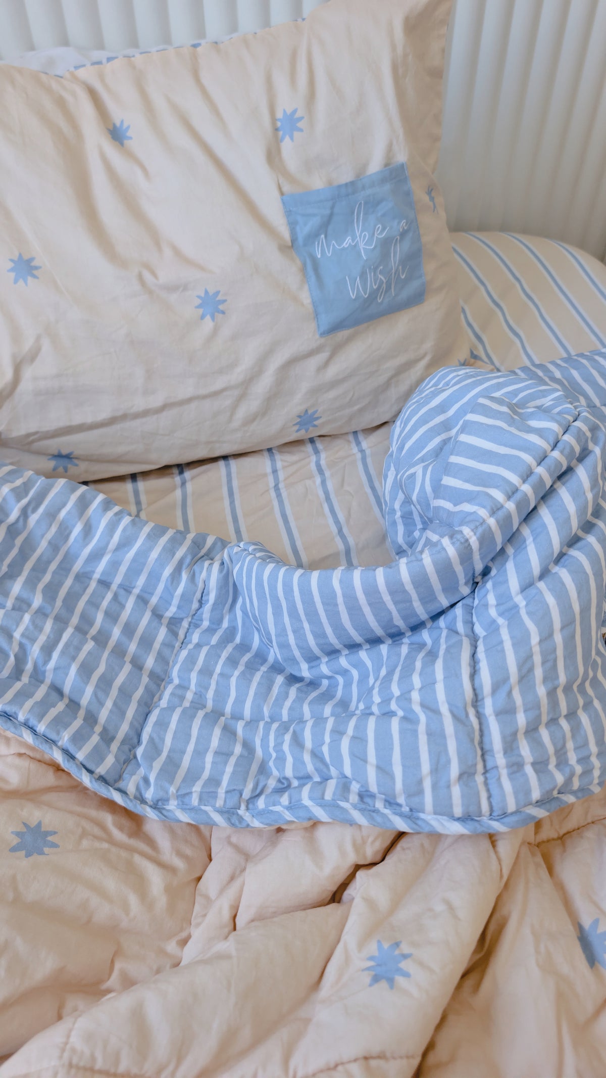 blue star organic cotton kids bedding, pillowcases and reversible quilts