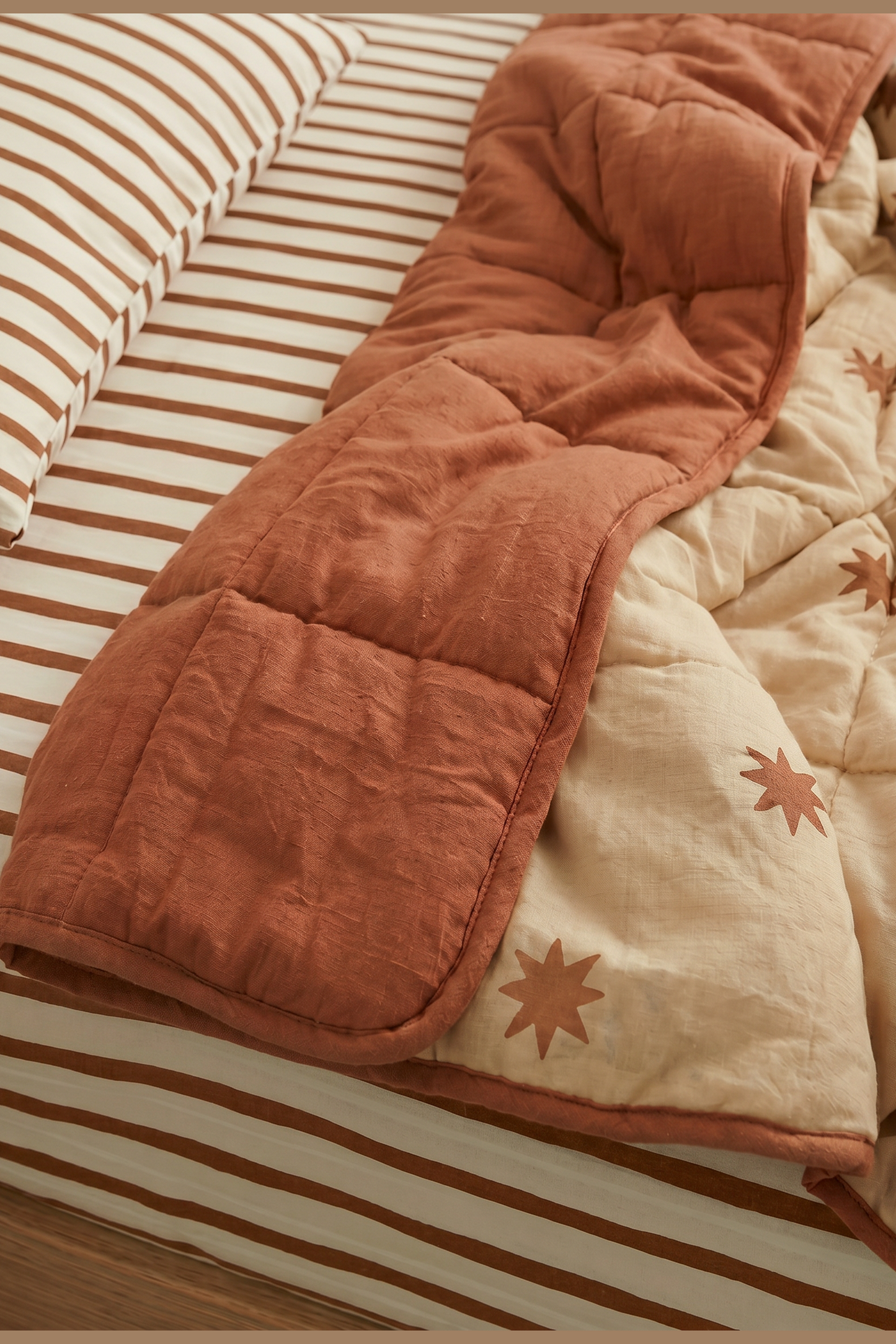starfall reversible quilt and coco stripe sheet set paired together organic cotton bedding for kids